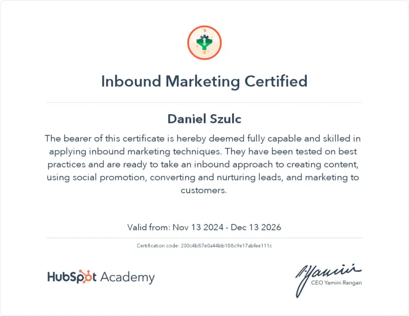 Certyfikat HubSpot Inbound