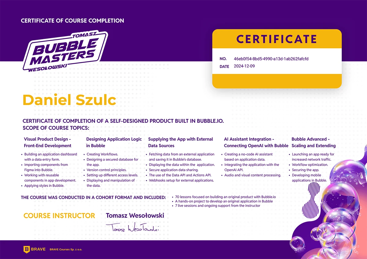 Certyfikat Bubble Masters